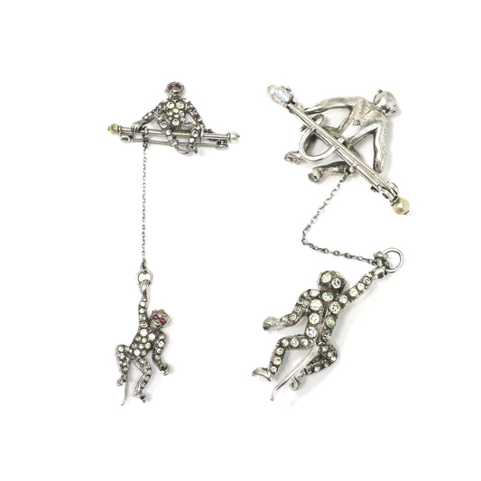 1920s Signed Sterling Silver Antique Art Deco 3D Monkey Pastes Pin Brooch
