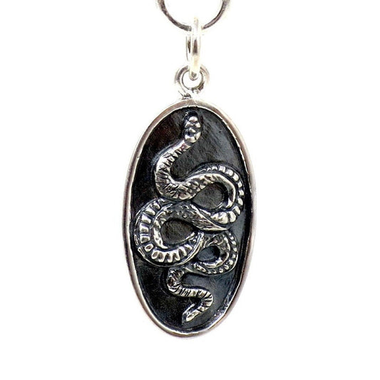 Solid 925 Sterling Silver Snake Pendant on Oval Disk