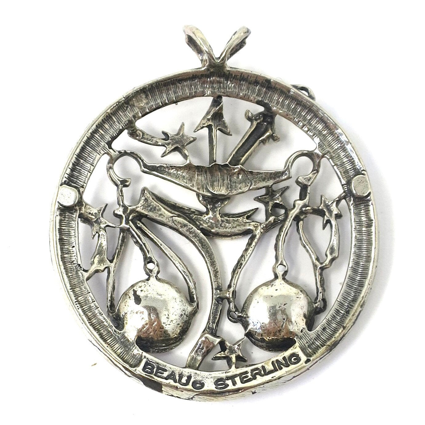 Rare Vintage Large Beau© Sterling Silver Libra The Balance Scale Zodiac Sign Pendant