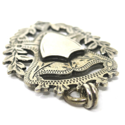 Double Sided Victorian 1900 Engraved Sterling Silver Cartouche Shield Medal Fob Pendant