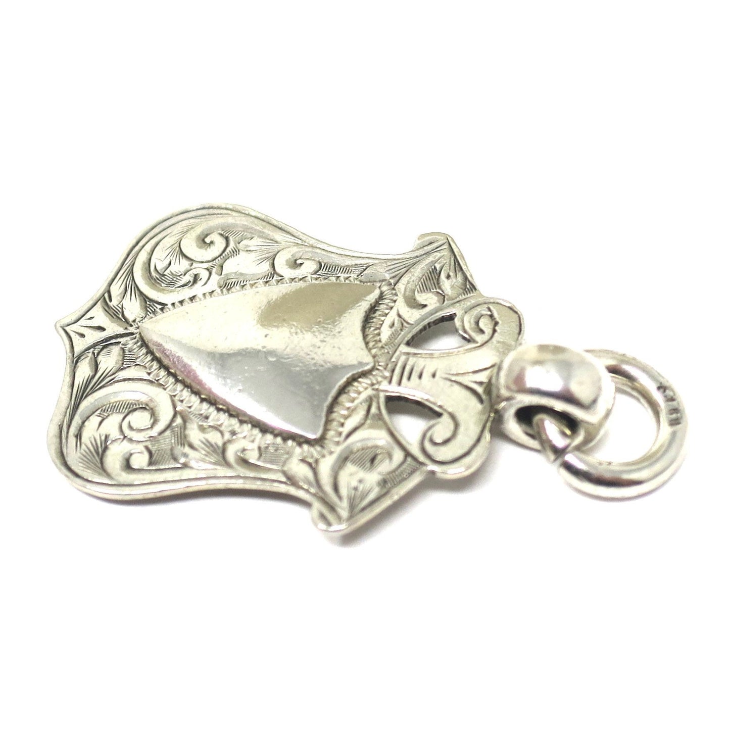 1911 Double Sided Edwardian Birmingham Engraved Sterling Silver Cartouche Shield Medal Fob Pendant