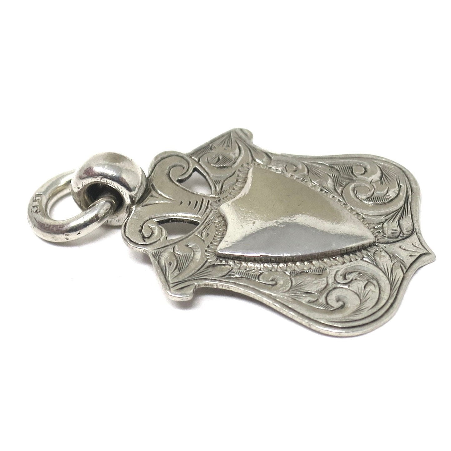 1911 Double Sided Edwardian Birmingham Engraved Sterling Silver Cartouche Shield Medal Fob Pendant