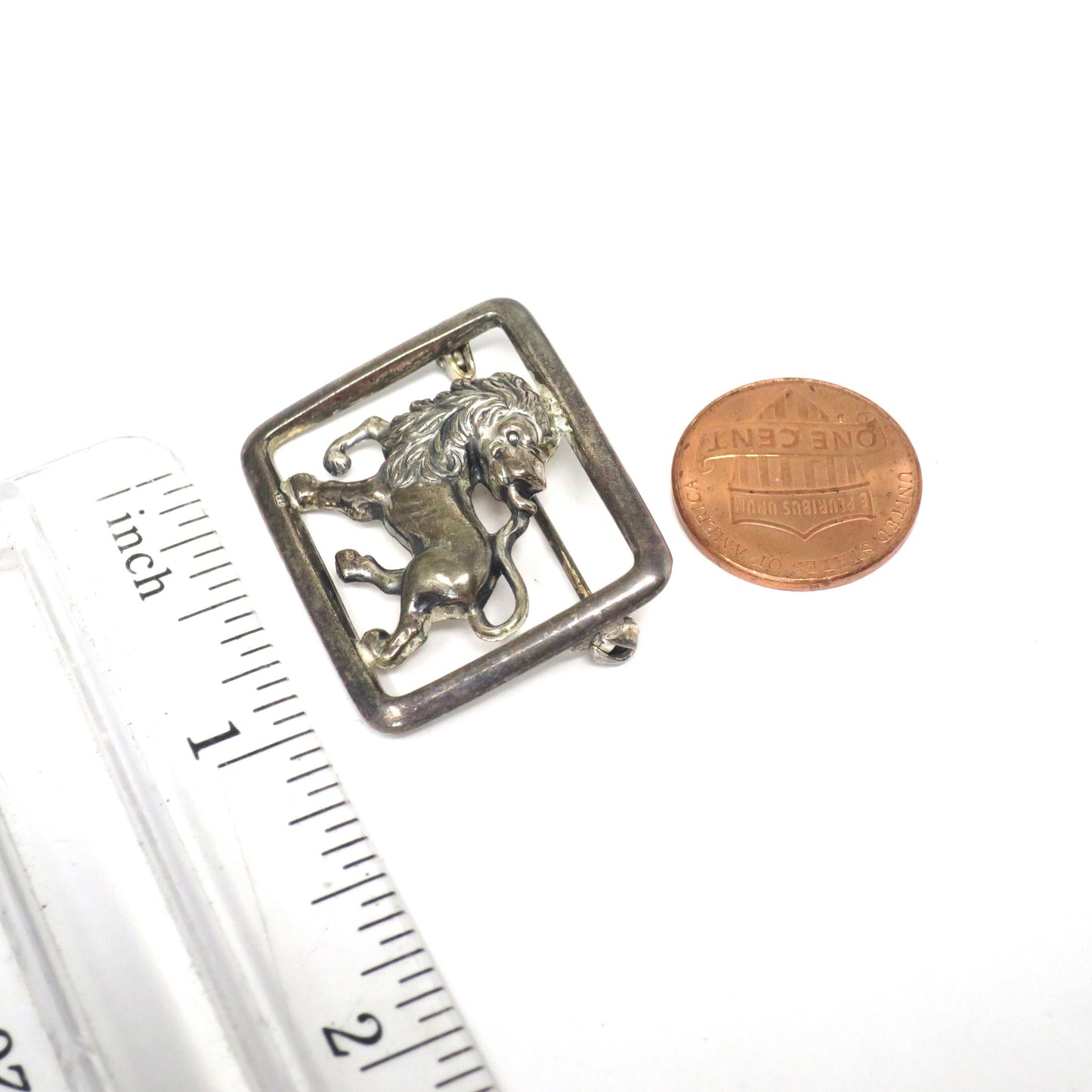 Vintage European Silver Lion Leo Rectangle Openwork Pin Brooch