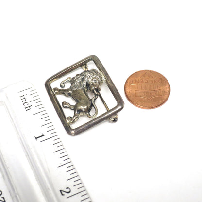 Vintage European Silver Lion Leo Rectangle Openwork Pin Brooch
