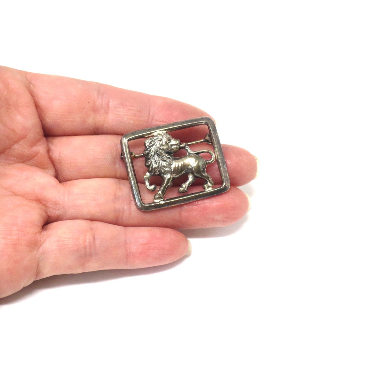 Vintage European Silver Lion Leo Rectangle Openwork Pin Brooch