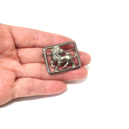Vintage European Silver Lion Leo Rectangle Openwork Pin Brooch