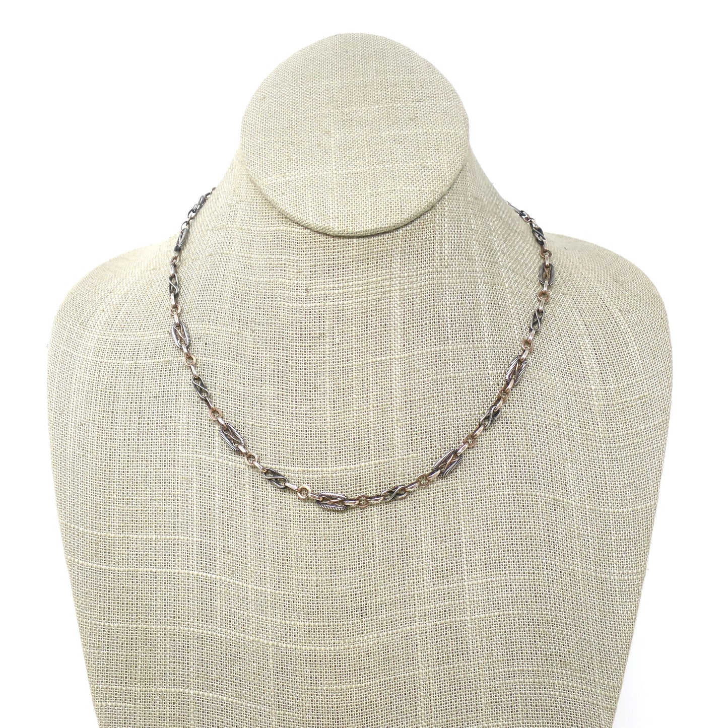 Antique Victorian Niello Silver Rose Gold Gilt Watch Chain Necklace, 17.30" inches MB68