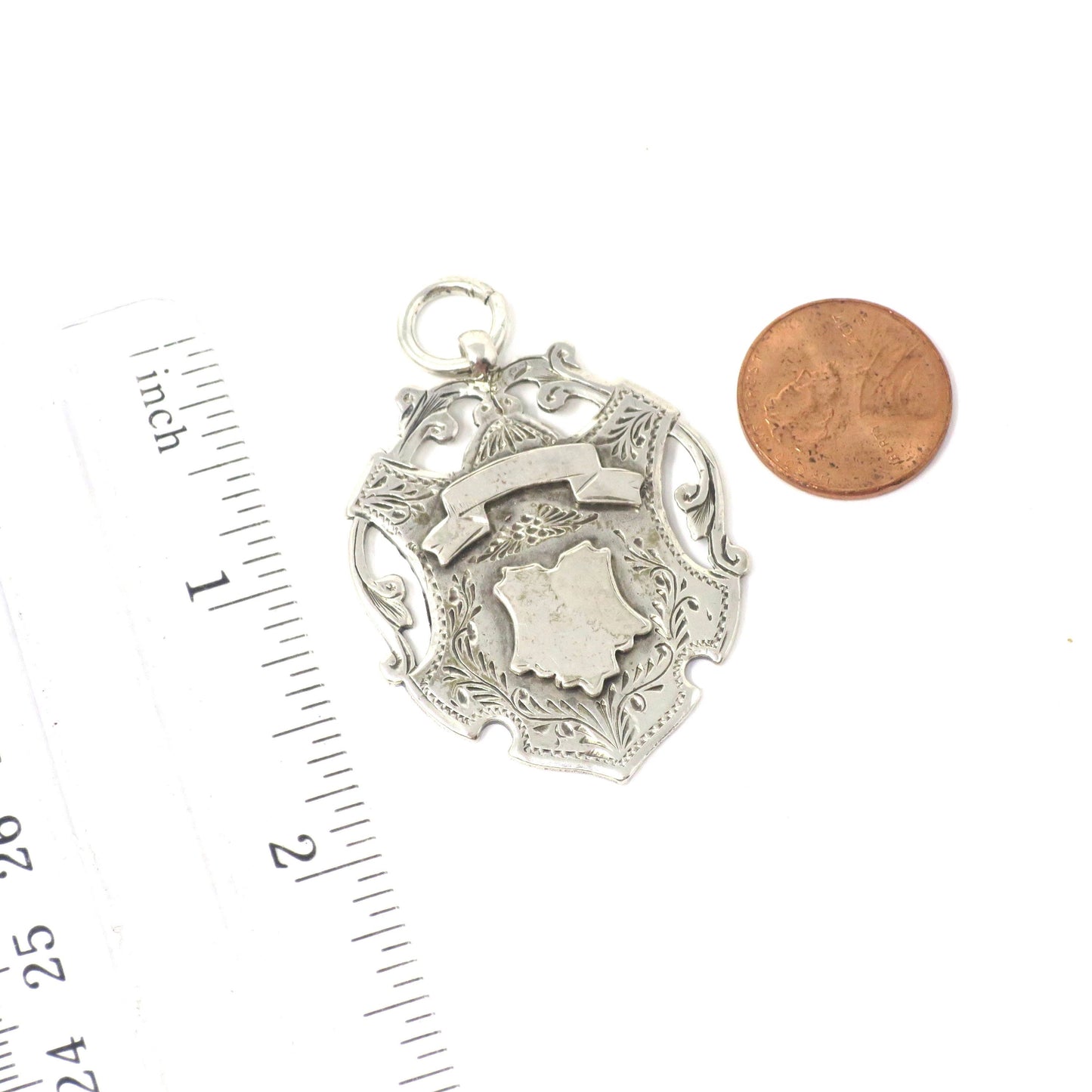 Antique Victorian 1907 Heavy Birmingham Engraved Sterling Silver Medal Shield Watch Fob Pendant