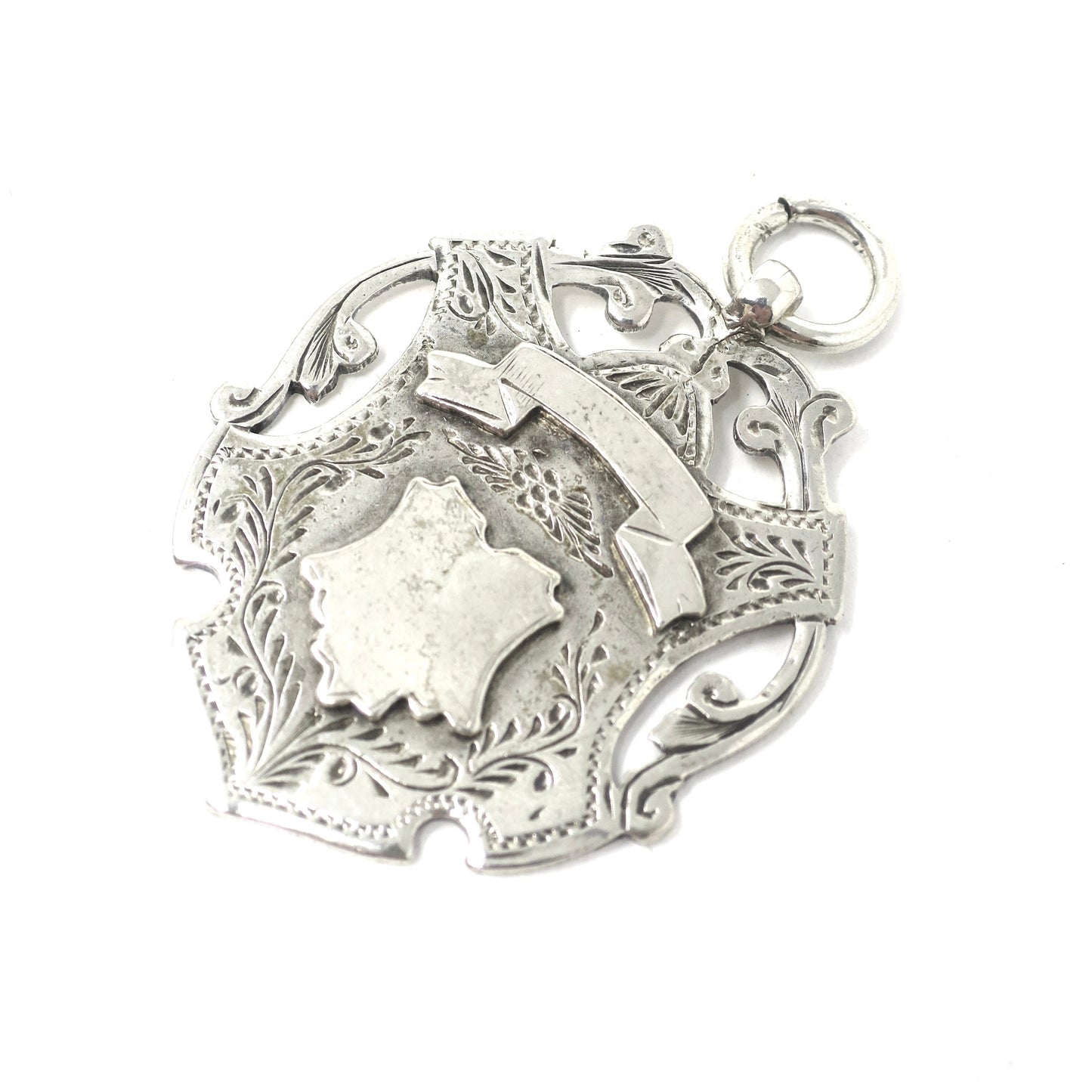 Antique Victorian 1907 Heavy Birmingham Engraved Sterling Silver Medal Shield Watch Fob Pendant