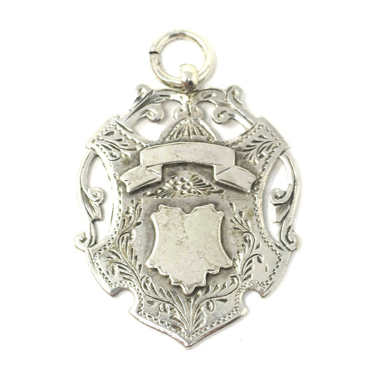 Antique Victorian 1907 Heavy Birmingham Engraved Sterling Silver Medal Shield Watch Fob Pendant