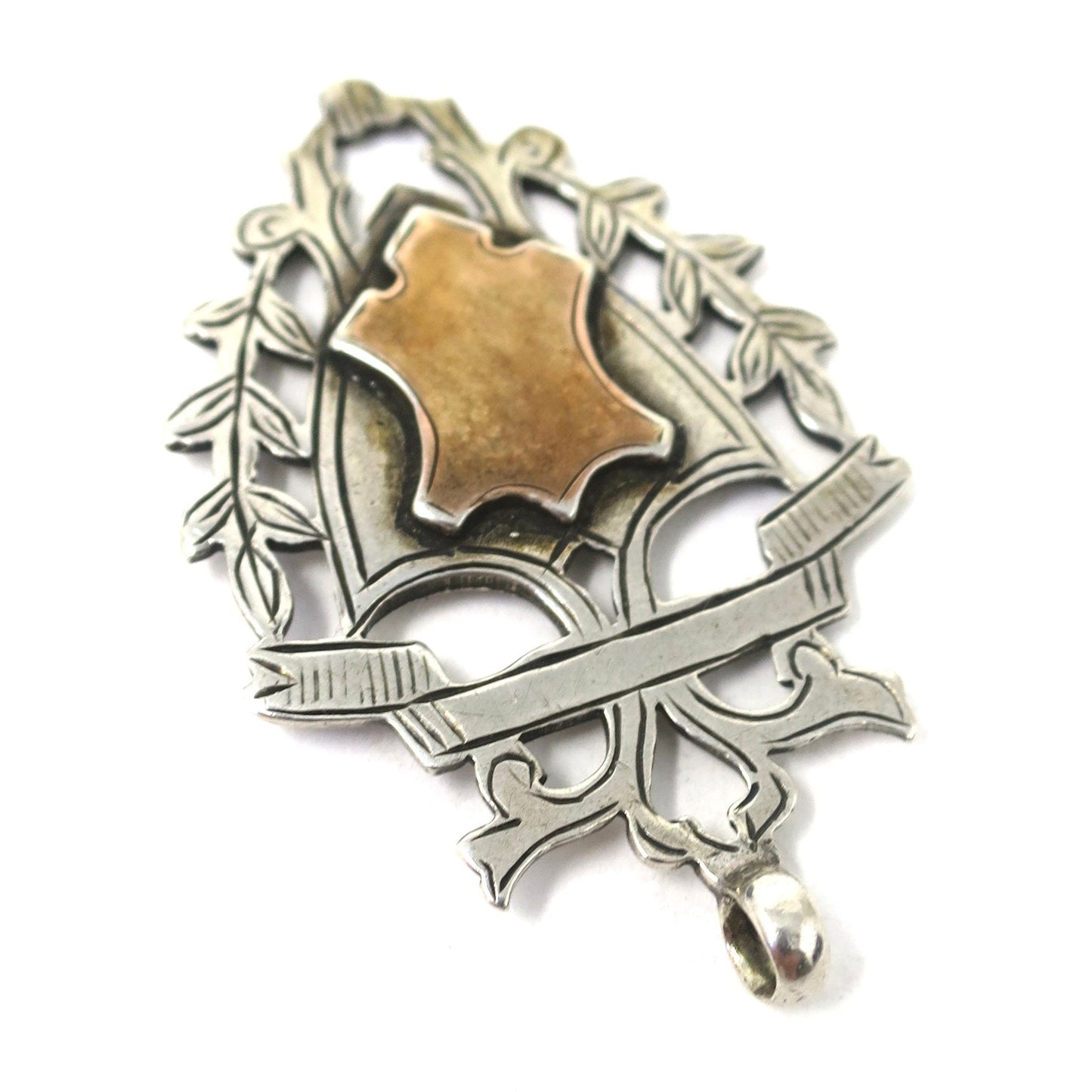 1919 Edwardian Sterling Silver & Rose Gold Vermeil Engraved Cartouche Medal Shield Watch Fob Pendant