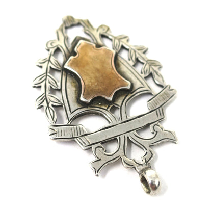 1919 Edwardian Sterling Silver & Rose Gold Vermeil Engraved Cartouche Medal Shield Watch Fob Pendant
