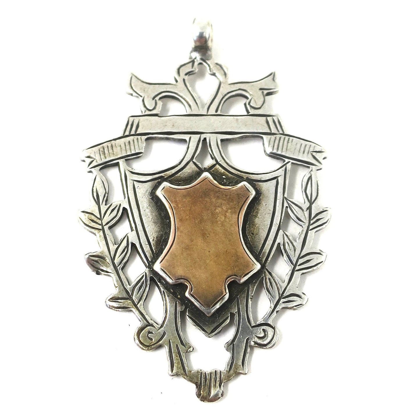 1919 Edwardian Sterling Silver & Rose Gold Vermeil Engraved Cartouche Medal Shield Watch Fob Pendant