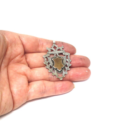 1919 Edwardian Sterling Silver & Rose Gold Vermeil Engraved Cartouche Medal Shield Watch Fob Pendant