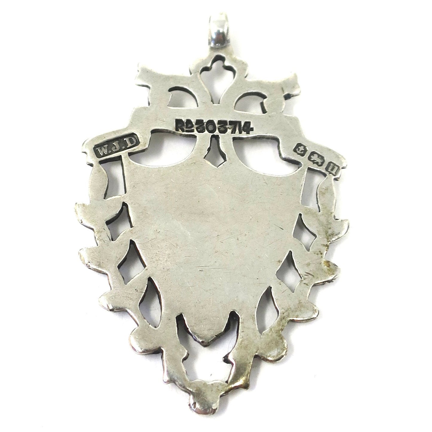 1919 Edwardian Sterling Silver & Rose Gold Vermeil Engraved Cartouche Medal Shield Watch Fob Pendant