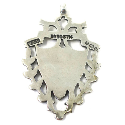 1919 Edwardian Sterling Silver & Rose Gold Vermeil Engraved Cartouche Medal Shield Watch Fob Pendant