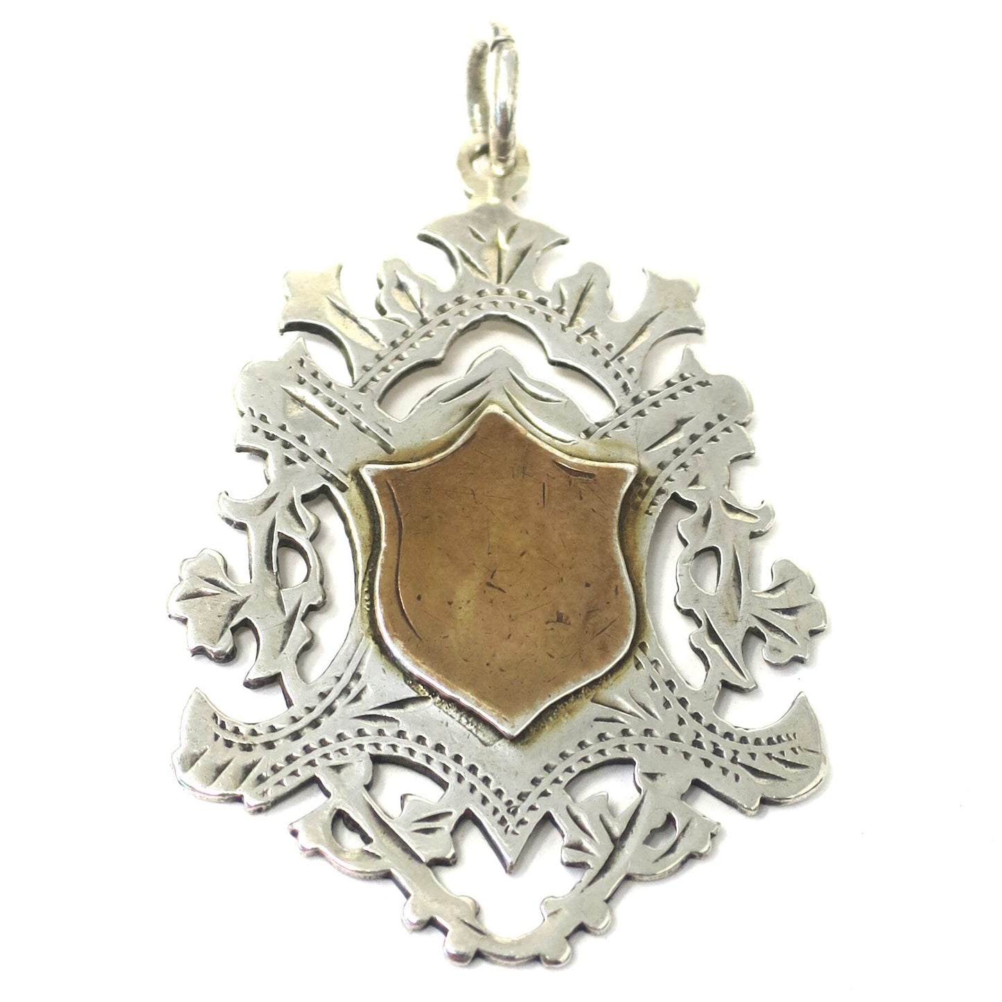 1903 Antique Birmingham Sterling Silver & Rose Gold Gilt Shield Cartouche Medal Watch Fob Pendant