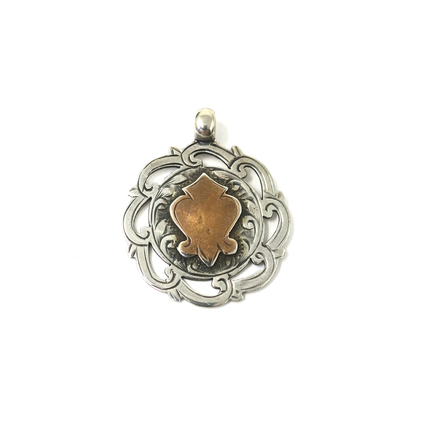 Antique Victorian 1909 Birmingham Sterling Silver & Rose Gold Vermeil Cartouche Medal Shield Watch Fob Pendant