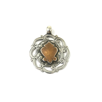 Antique Victorian 1909 Birmingham Sterling Silver & Rose Gold Vermeil Cartouche Medal Shield Watch Fob Pendant