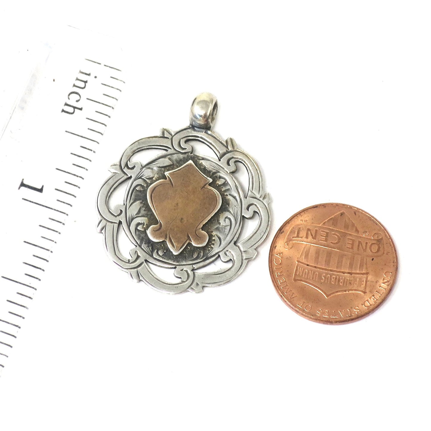 Antique Victorian 1909 Birmingham Sterling Silver & Rose Gold Vermeil Cartouche Medal Shield Watch Fob Pendant