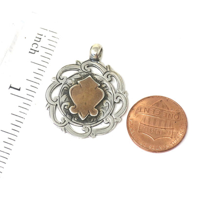 Antique Victorian 1909 Birmingham Sterling Silver & Rose Gold Vermeil Cartouche Medal Shield Watch Fob Pendant