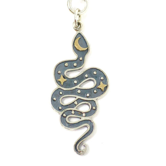 Solid 925 Sterling Silver Snake Pendant: Bronze Moon & Stars Amulet