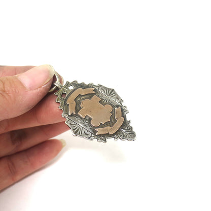 1900 Antique Victorian Sterling Silver & Rose Gold Vermeil Engraved Cartouche Medal Shield Watch Fob Pendant