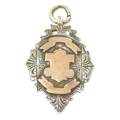 1900 Antique Victorian Sterling Silver & Rose Gold Vermeil Engraved Cartouche Medal Shield Watch Fob Pendant