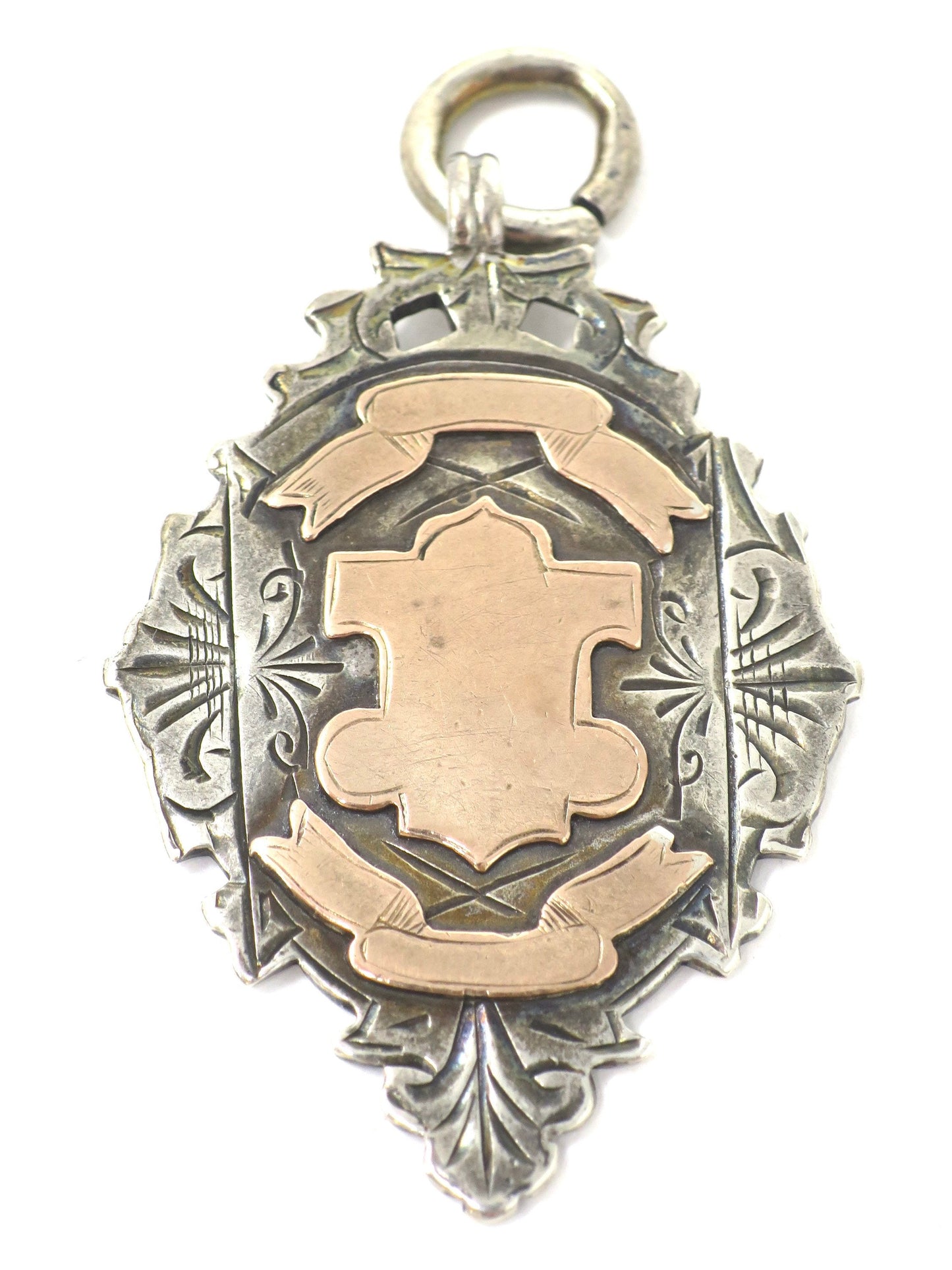 1900 Antique Victorian Sterling Silver & Rose Gold Vermeil Engraved Cartouche Medal Shield Watch Fob Pendant