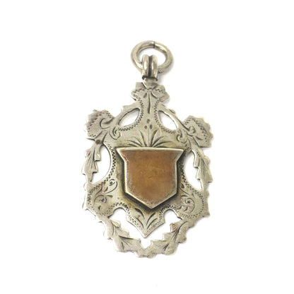 1899 Antique Sterling Silver & Rose Gold Vermeil Engraved Cartouche Medal Shield Watch Fob Pendant