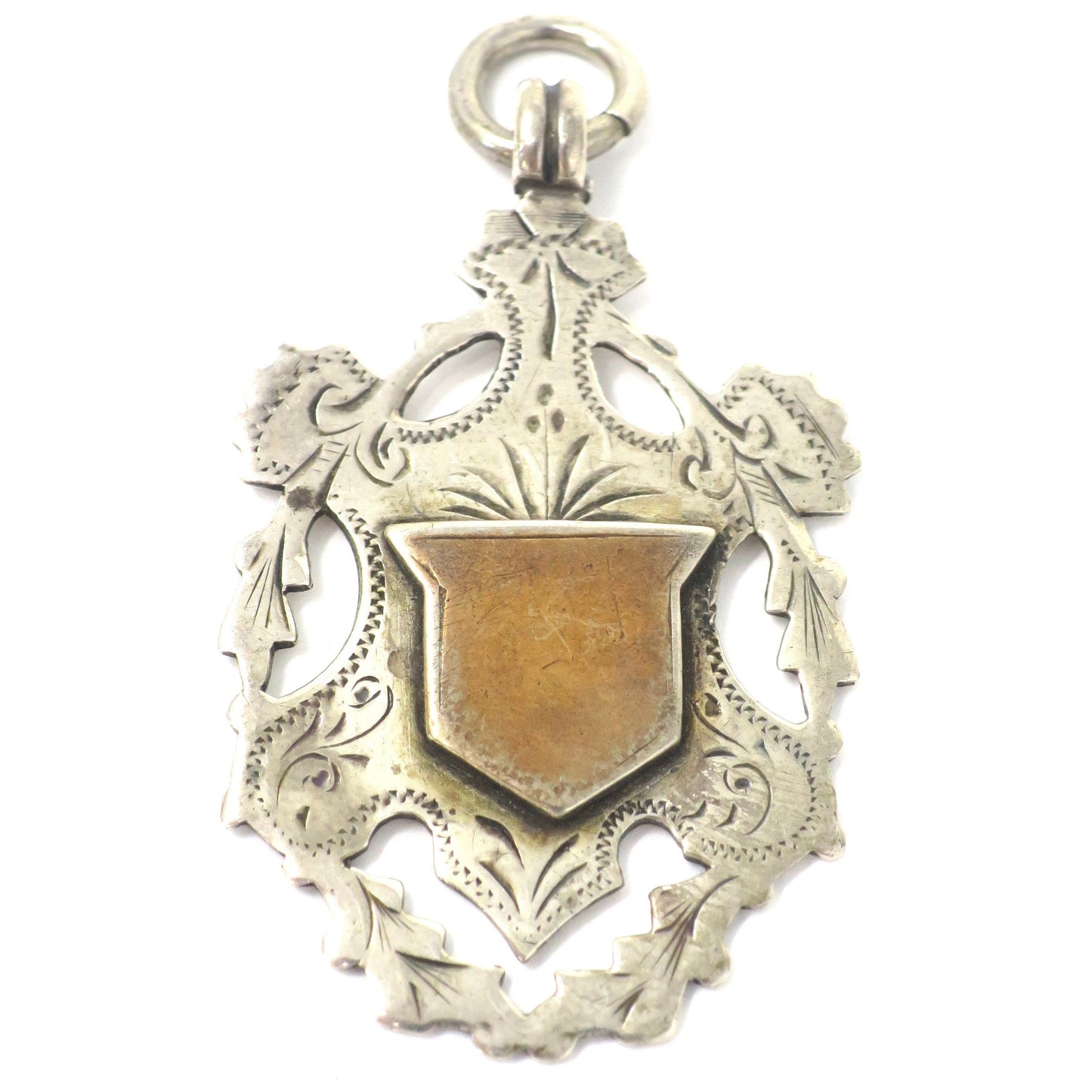 1899 Antique Sterling Silver & Rose Gold Vermeil Engraved Cartouche Medal Shield Watch Fob Pendant
