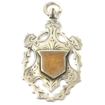 1899 Antique Sterling Silver & Rose Gold Vermeil Engraved Cartouche Medal Shield Watch Fob Pendant