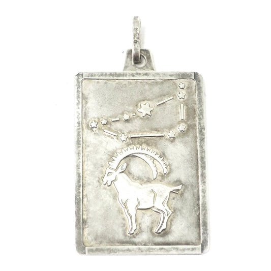Vintage European Sterling Silver Capricorn Goat Zodiac Rectangle Pendant