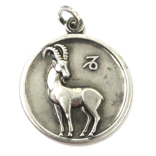 Vintage European Sterling Silver Capricorn Goat Zodiac Disc Pendant