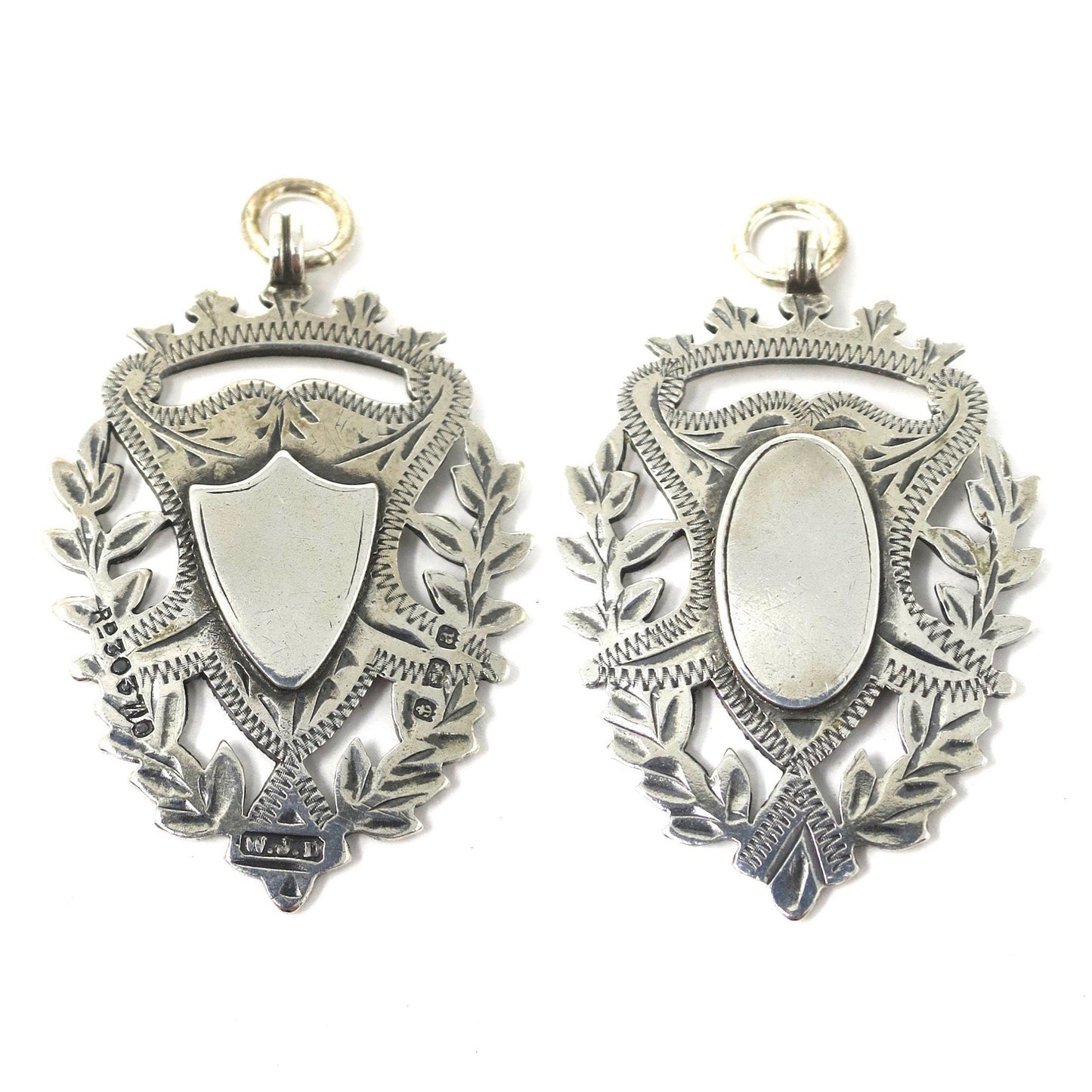 Double Sided Victorian 1900 Engraved Sterling Silver Cartouche Shield Medal Fob Pendant