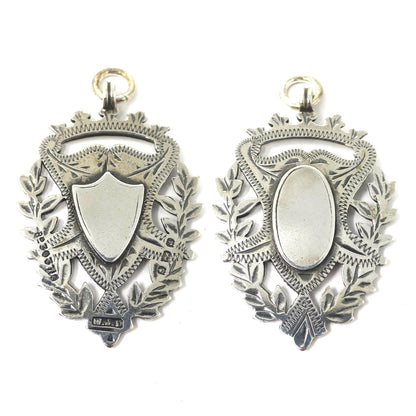 Double Sided Victorian 1900 Engraved Sterling Silver Cartouche Shield Medal Fob Pendant