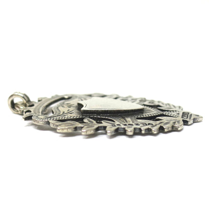 Double Sided Victorian 1900 Engraved Sterling Silver Cartouche Shield Medal Fob Pendant