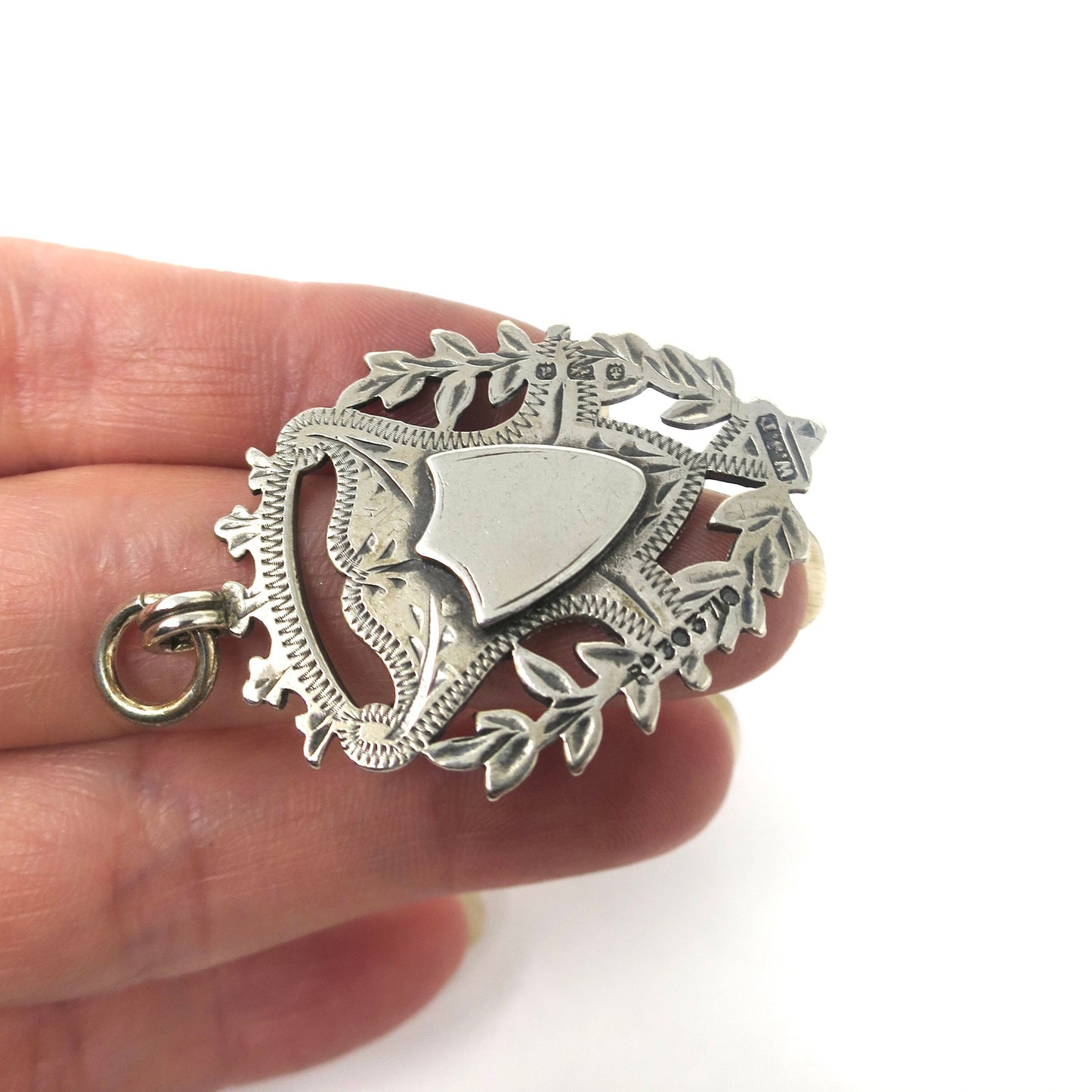 Double Sided Victorian 1900 Engraved Sterling Silver Cartouche Shield Medal Fob Pendant