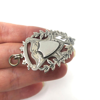 Double Sided Victorian 1900 Engraved Sterling Silver Cartouche Shield Medal Fob Pendant