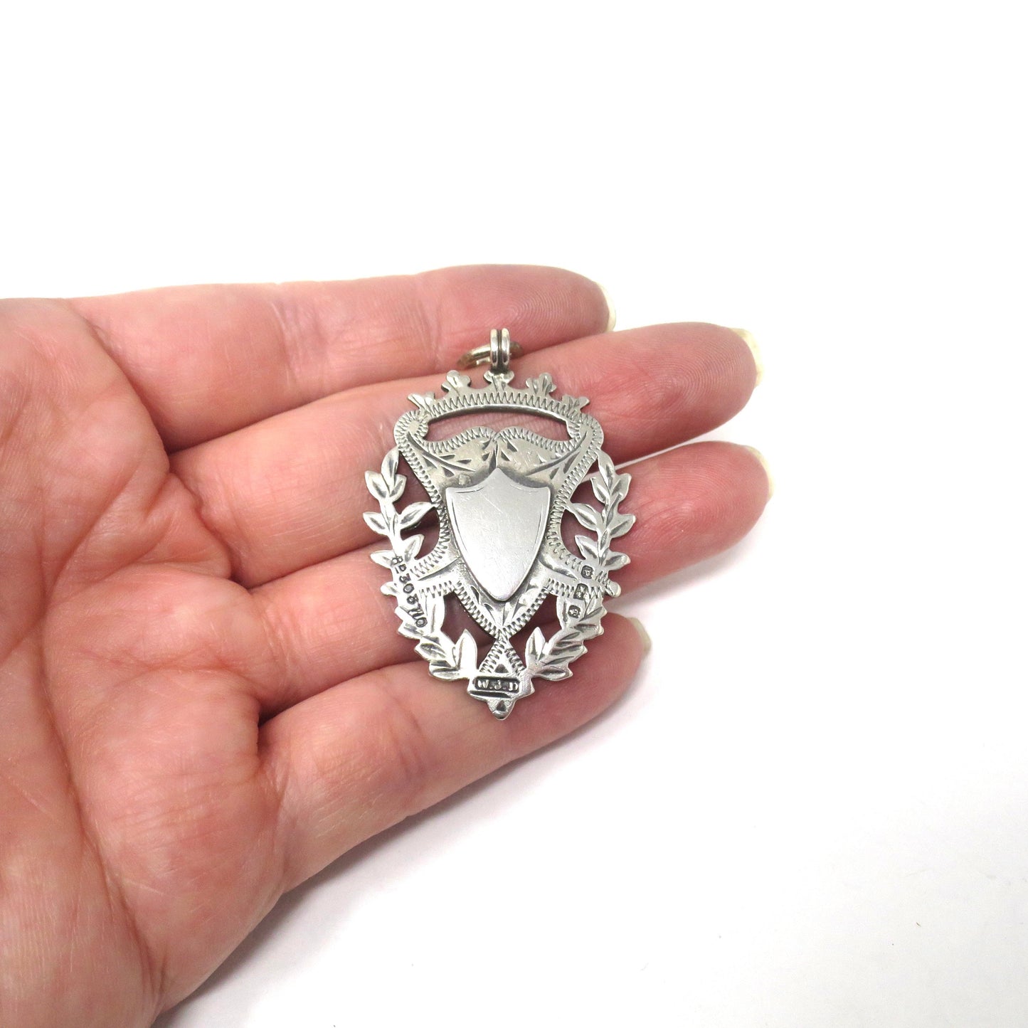 Double Sided Victorian 1900 Engraved Sterling Silver Cartouche Shield Medal Fob Pendant