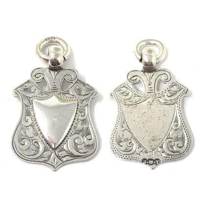1911 Double Sided Edwardian Birmingham Engraved Sterling Silver Cartouche Shield Medal Fob Pendant