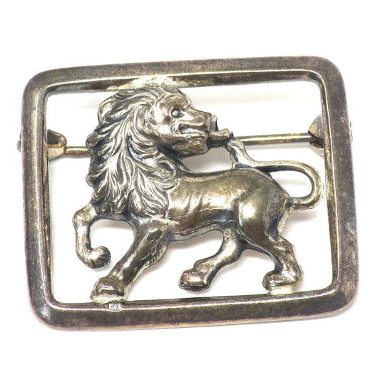 Vintage European Silver Lion Leo Rectangle Openwork Pin Brooch