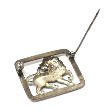 Vintage European Silver Lion Leo Rectangle Openwork Pin Brooch