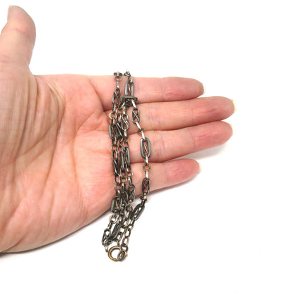 Antique Victorian Niello Silver Rose Gold Gilt Watch Chain Necklace, 17.30" inches MB68