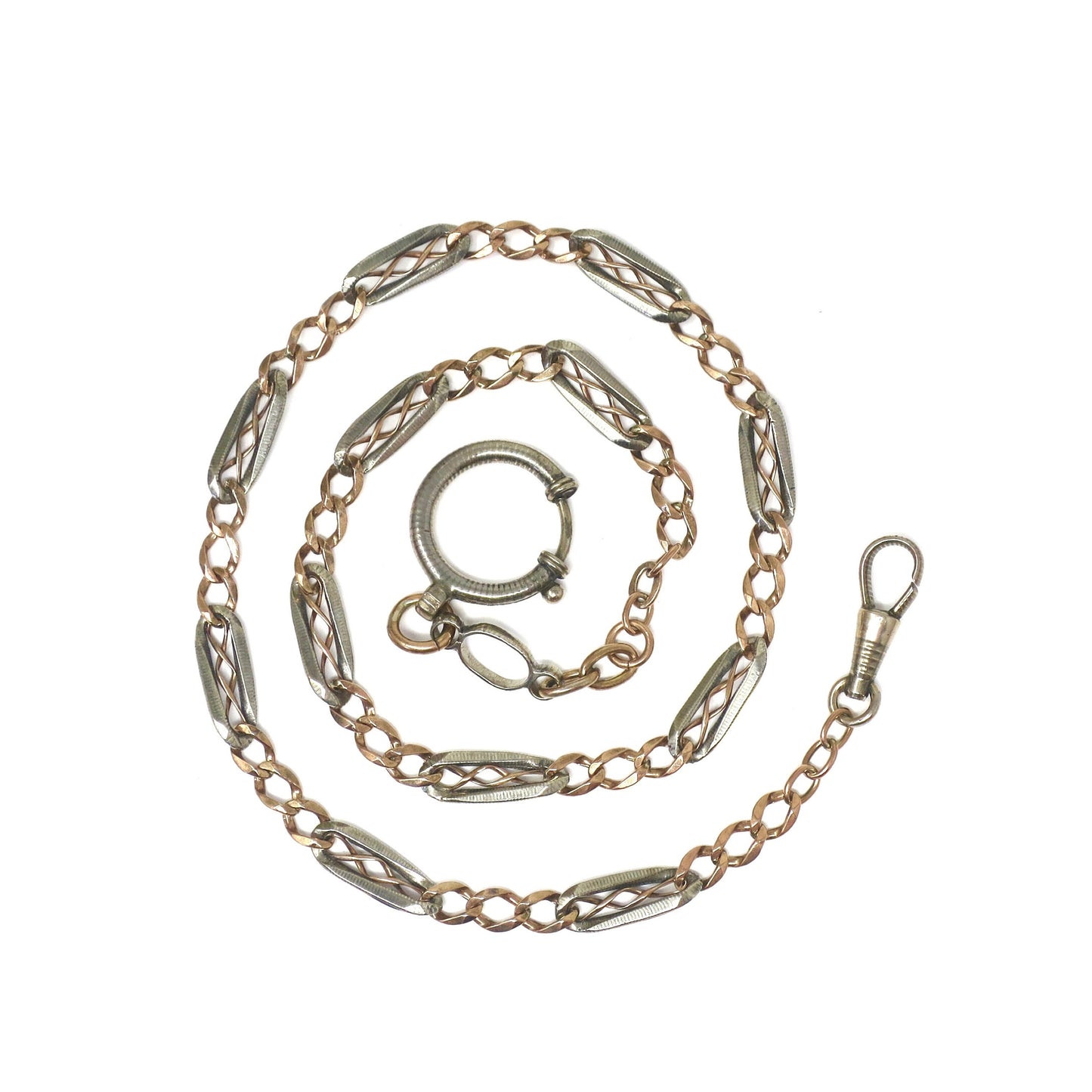 Antique Victorian Niello 800 Silver & 10k Rose Gold Watch Chain Necklace, 19.25" inches MB45