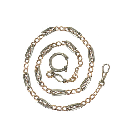 Antique Victorian Niello 800 Silver & 10k Rose Gold Watch Chain Necklace, 19.25" inches MB45