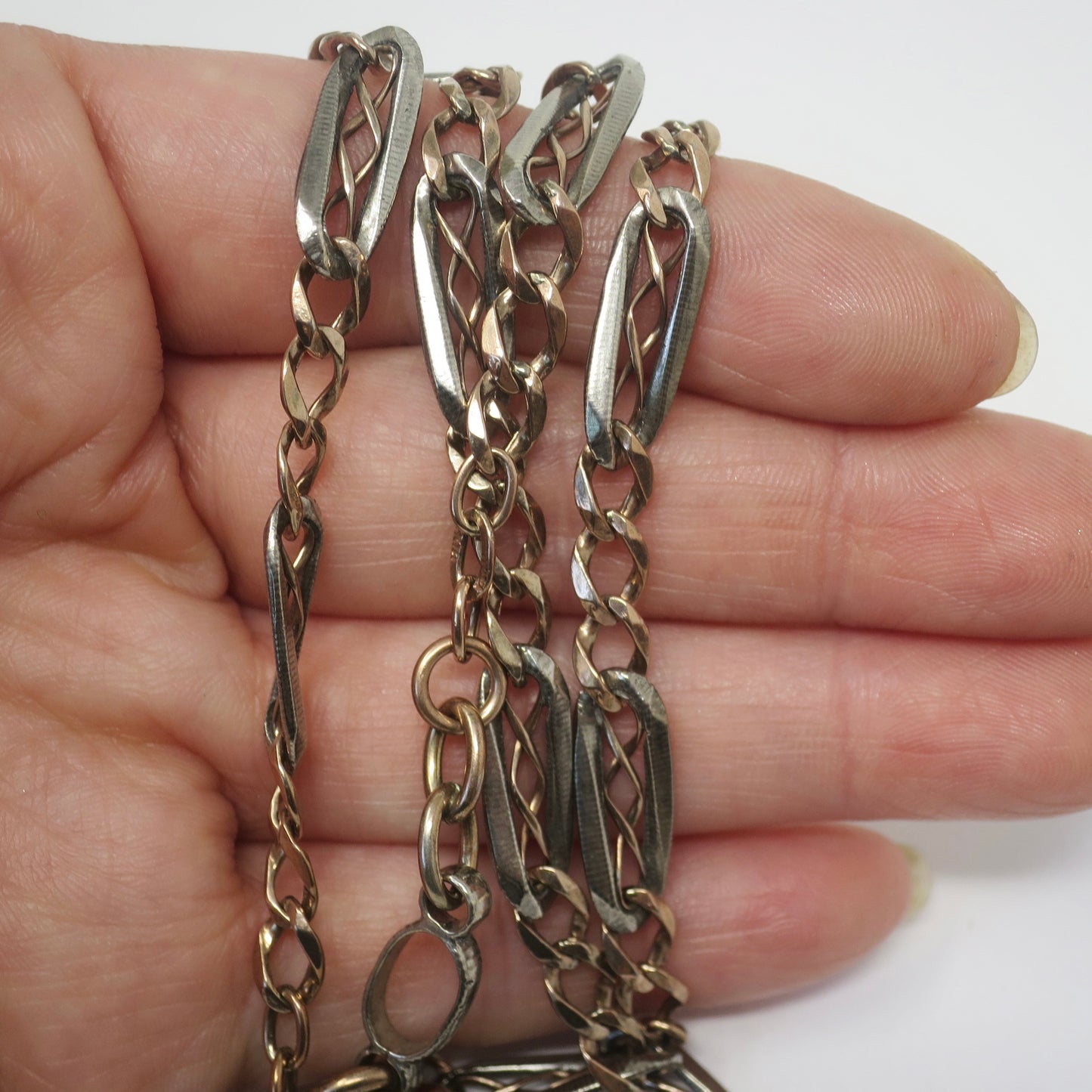 Antique Victorian Niello 800 Silver & 10k Rose Gold Watch Chain Necklace, 19.25" inches MB45