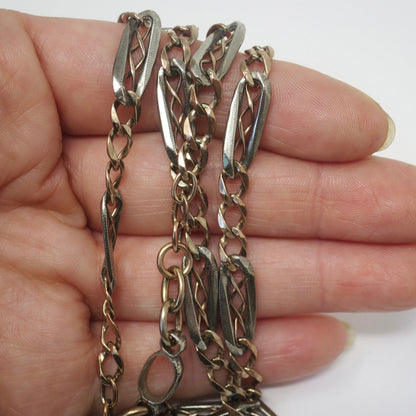 Antique Victorian Niello 800 Silver & 10k Rose Gold Watch Chain Necklace, 19.25" inches MB45