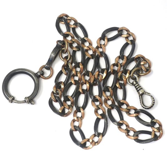 Antique Niello 800 Silver Necklace: Rose Gold Gilt Curb Chain, Pocket Watch Chain