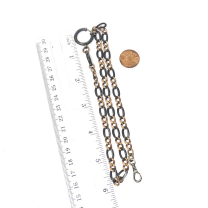 Antique Victorian Niello 800 Silver Necklace: Rose Gold Gilt Curb Chain, Pocket Watch Chain